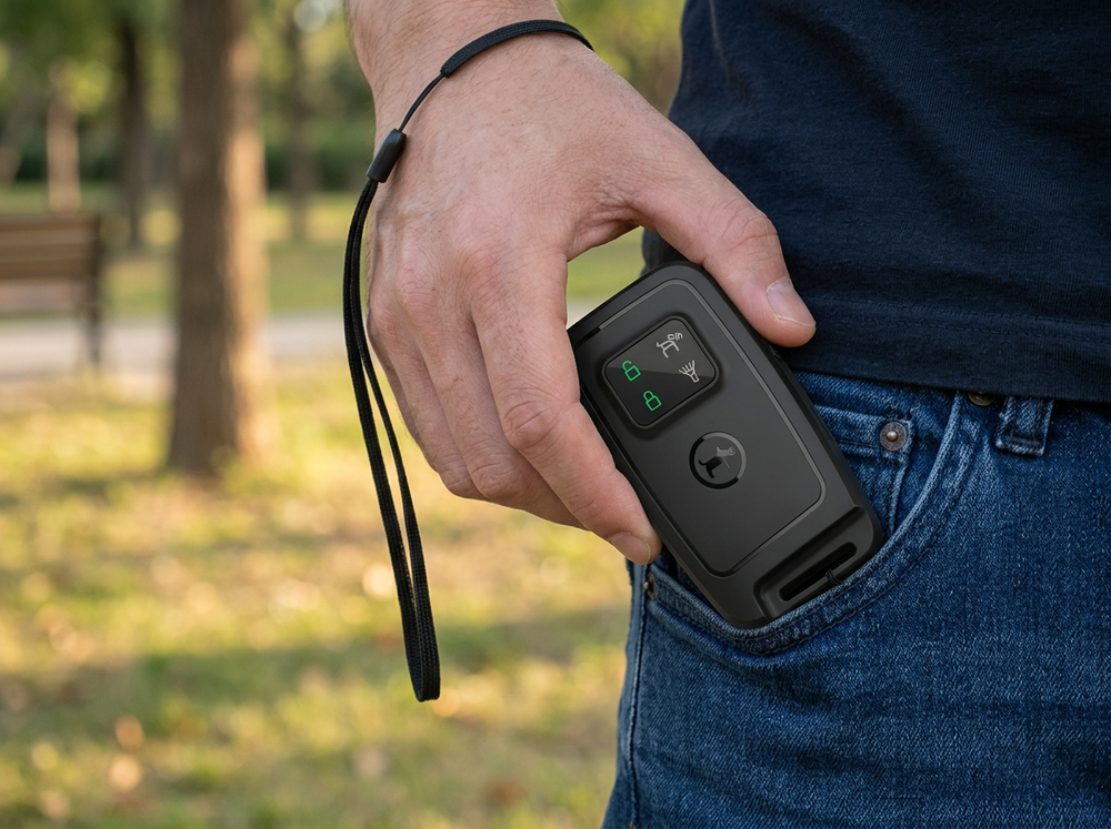 Compact black handheld ultrasonic dog training device with wrist strap being placed into a pocket