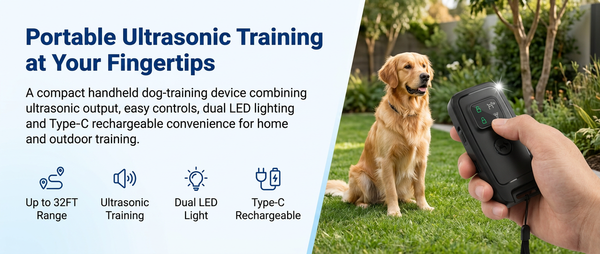 Black handheld ultrasonic dog bark deterrent with intelligent display, dual LED lights, Type-C charging and wrist strap