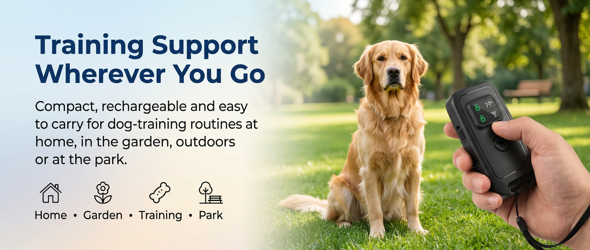 Dog owner using compact black ultrasonic dog training device with golden retriever in a bright outdoor park