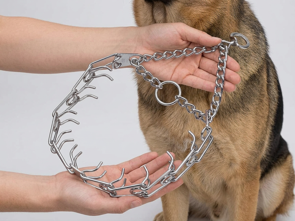 Owner positioning chrome plated steel prong training collar around dogs upper neck
