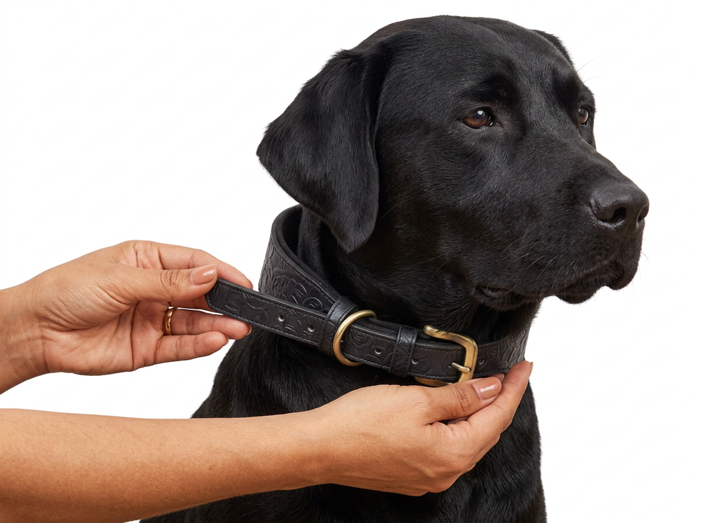 Brown padded embossed leather dog collar being positioned around a dog's neck