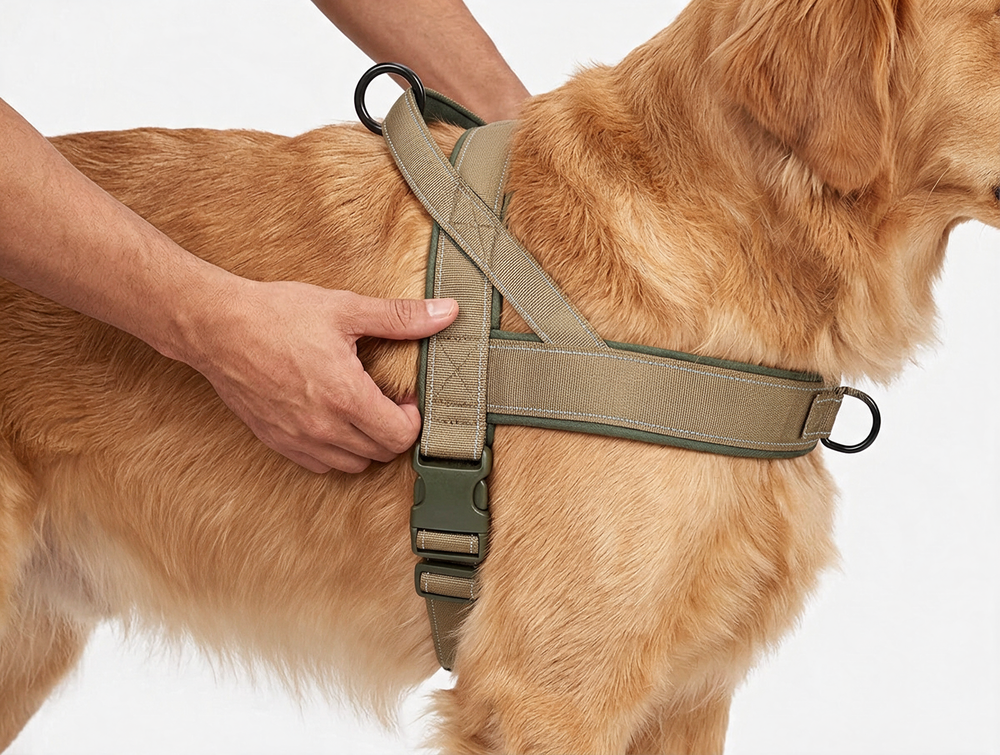 adjustable nylon dog harness being positioned around a medium large dog