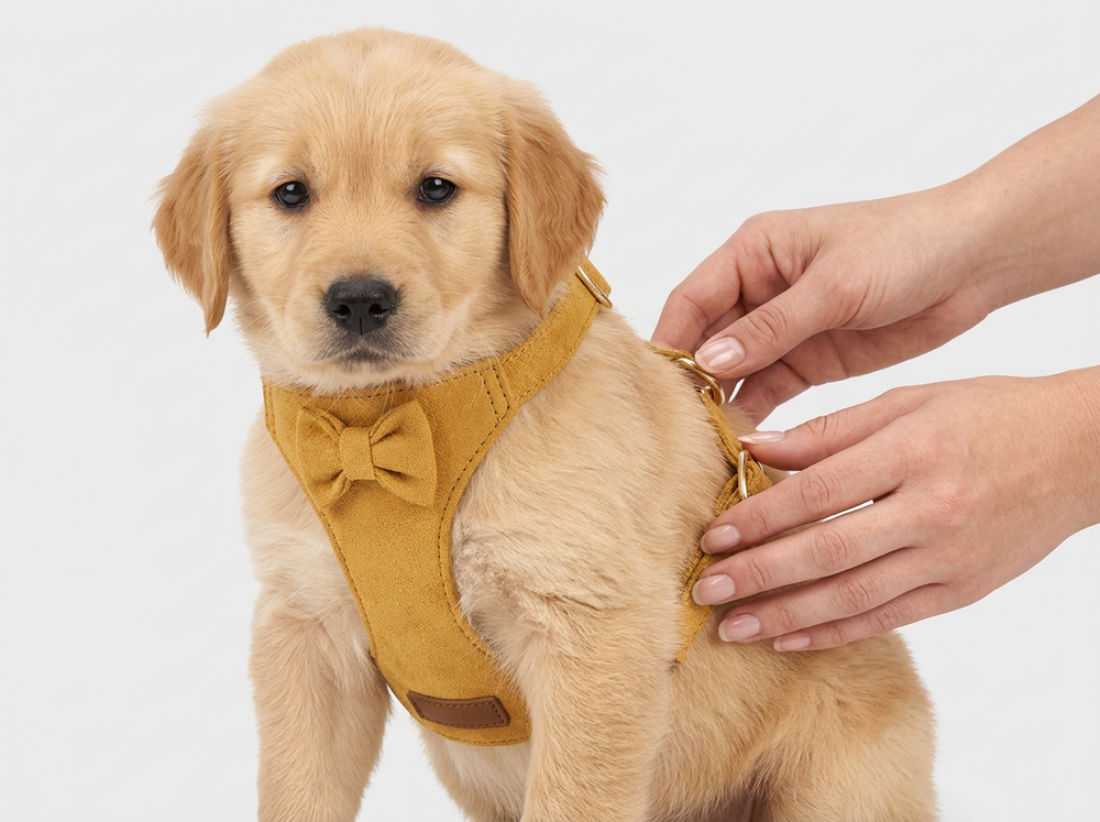 Mustard yellow bow harness being positioned correctly on a small puppy