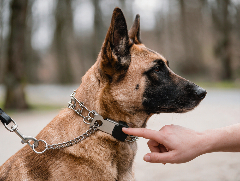 Owner positioning exact stainless steel prong training collar around a dogs upper neck