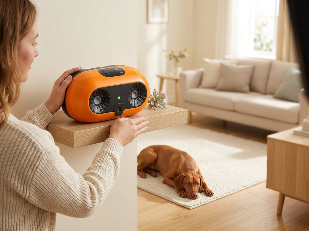 Orange ultrasonic dog bark control device positioned in a home facing a dog's resting area