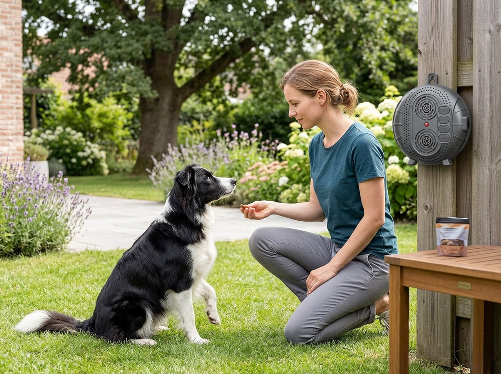  Dog owner rewarding a calm dog during training with an ultrasonic bark deterrent positioned nearby