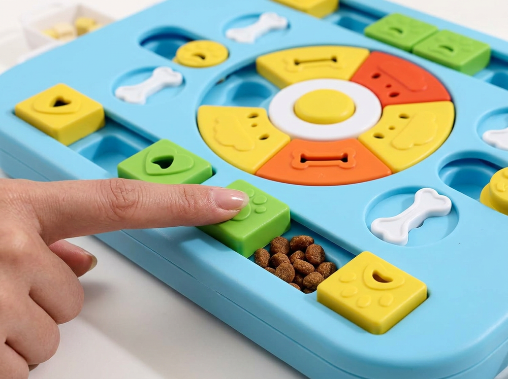 Hand moving a green sliding block over a treat compartment on a blue interactive dog puzzle toy