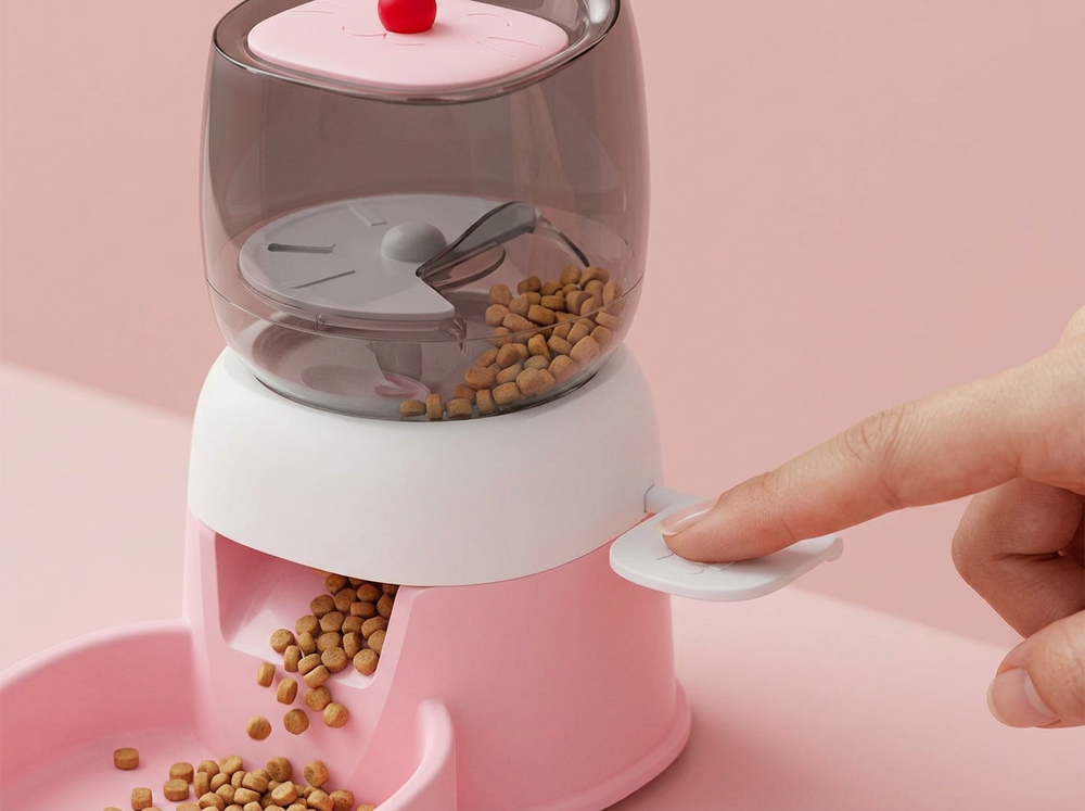 Press design mechanism on automatic dog feeder