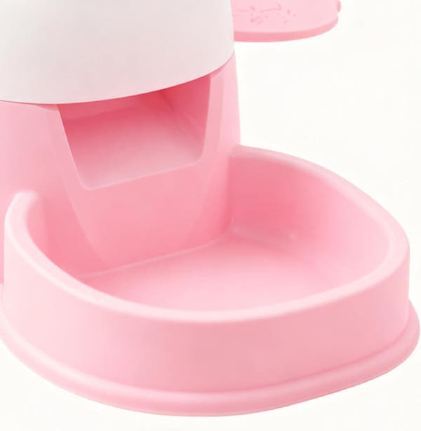 Press design pet feeder for controlled dry food dispensing