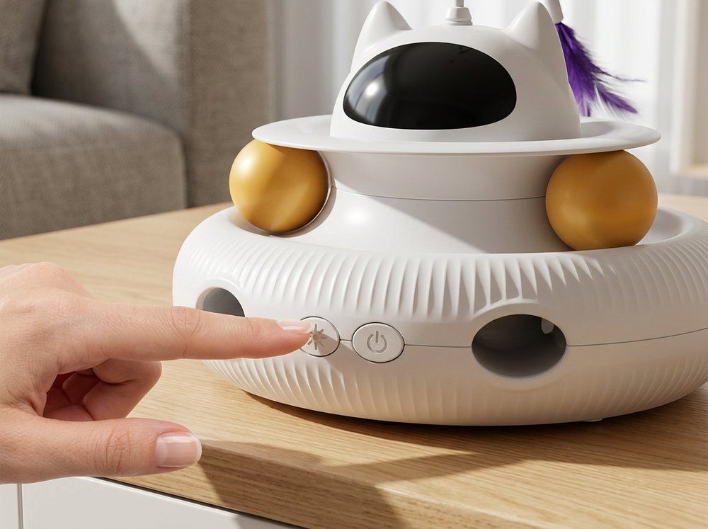  Finger pressing the front control button on a white automatic 4-in-1 interactive cat toy