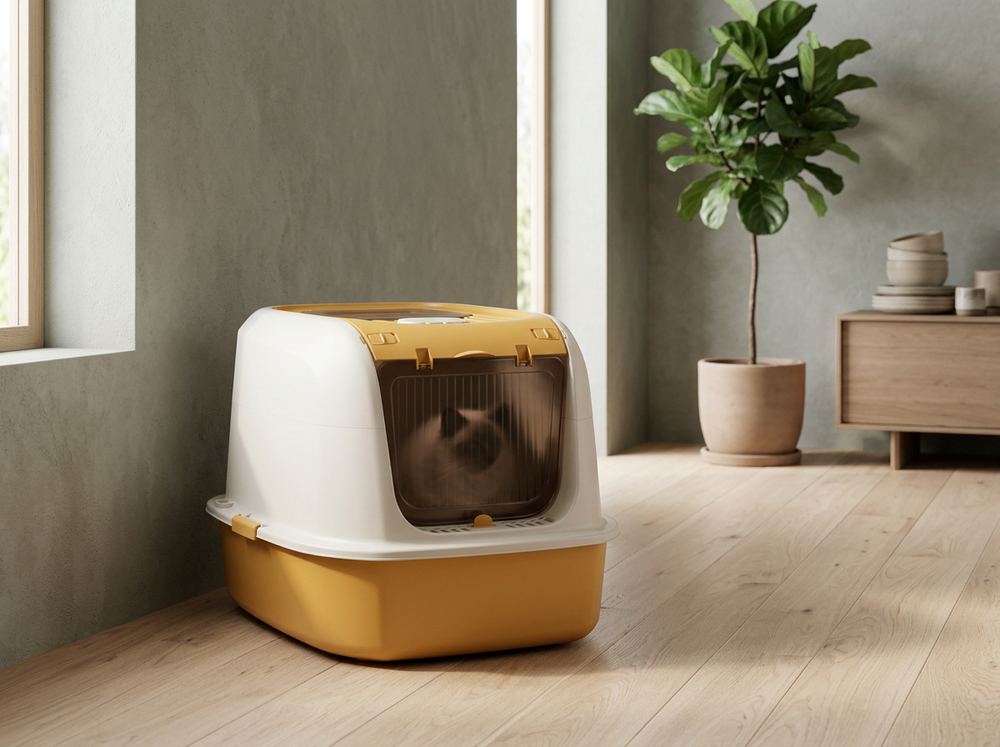 Fully enclosed cat litter box providing a private litter area for a cat