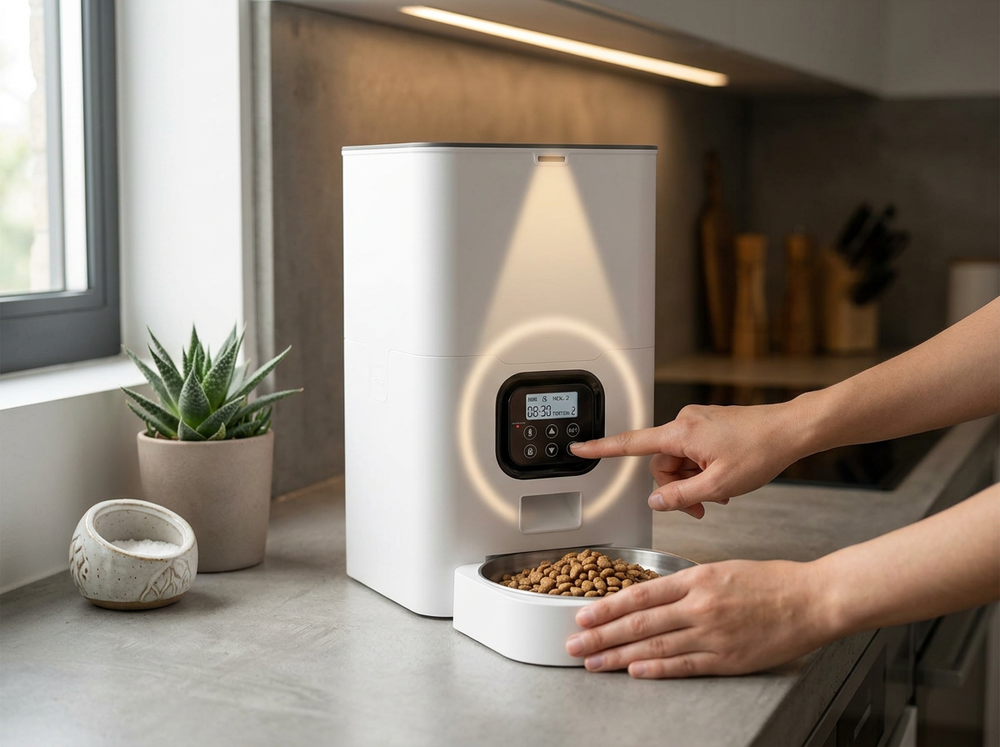 Owner setting feeding schedule on automatic pet feeder