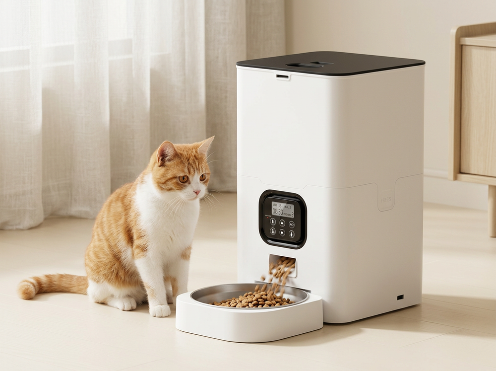 Programmable automatic pet feeder dispensing a scheduled portion of dry food