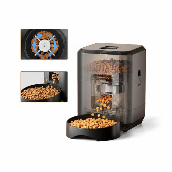 Puppy food feeder with scheduled dry food dispensing