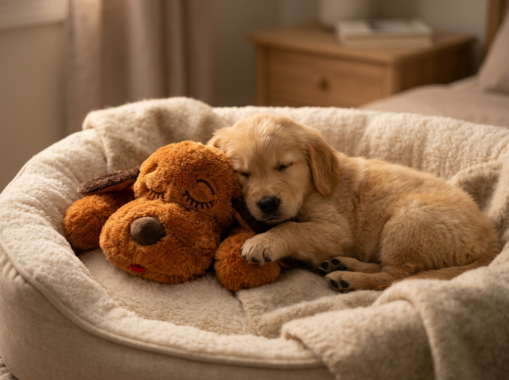  Young puppy resting beside a soft brown heartbeat puppy plush toy in a cosy dog bed
