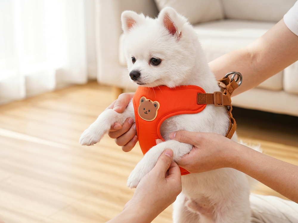 Owner putting orange bear harness onto a small white dog
