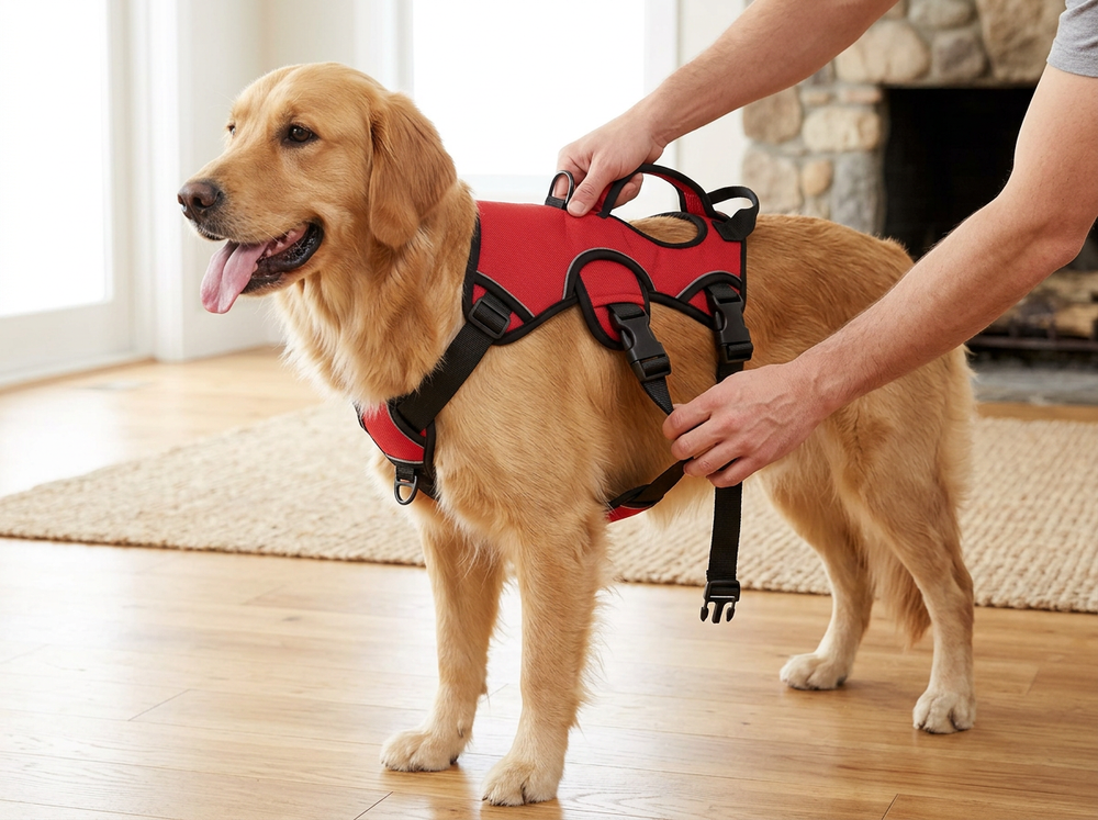 Large dog being fitted with an adjustable tactical style training harness