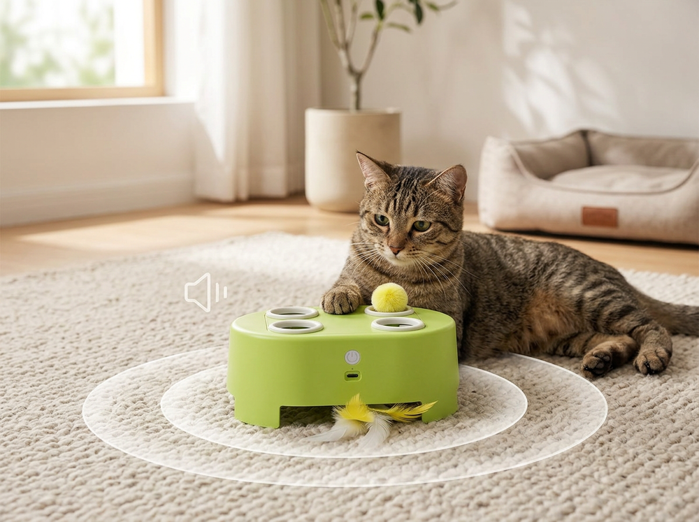 Low noise automatic cat toy for indoor cats.