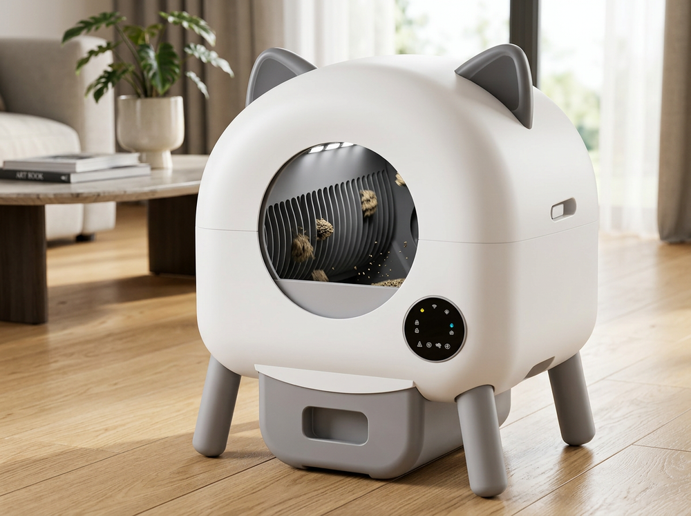 Quiet automatic cat litter box operating beside a relaxed cat in peaceful home
