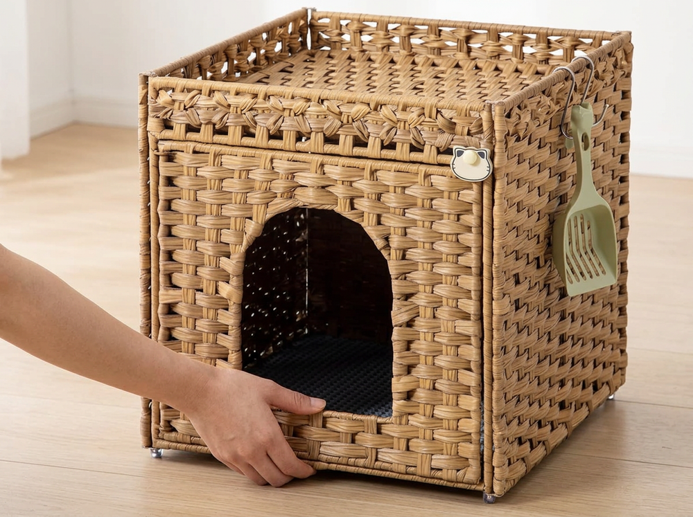 Green litter scoop hanging from side of woven rattan litter enclosure