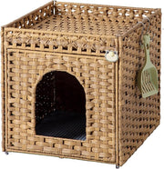 Rattan cat litter box enclosure with hidden cabinet design