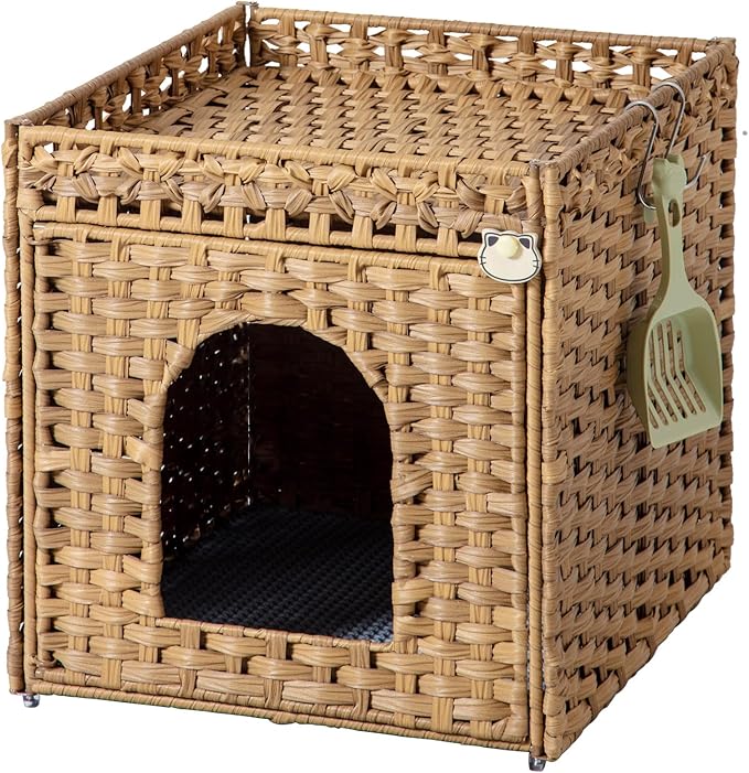 Rattan Cat Litter Box Enclosure with Scoop Holder – Hidden Litter Box Furniture and Indoor Cat House Cabinet