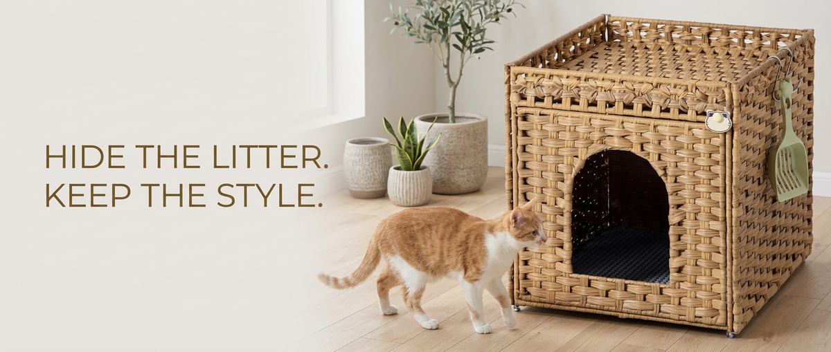Handwoven rattan cat litter box enclosure with arched entrance and hanging scoop in a modern home