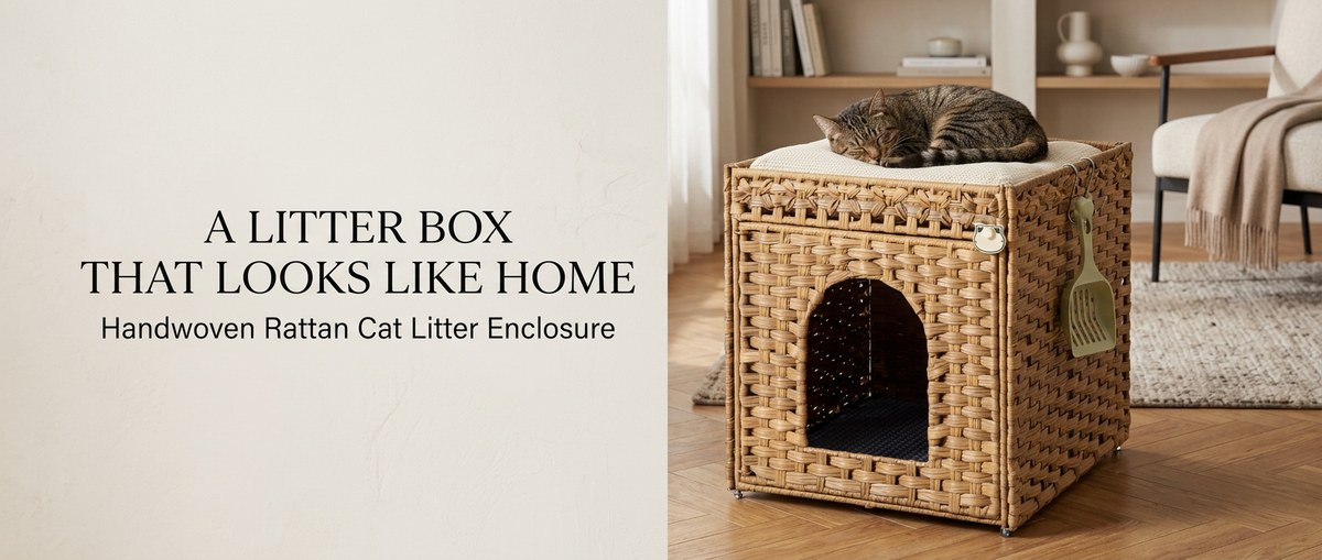 Handwoven rattan cat litter box furniture with cat resting on top in stylish living room