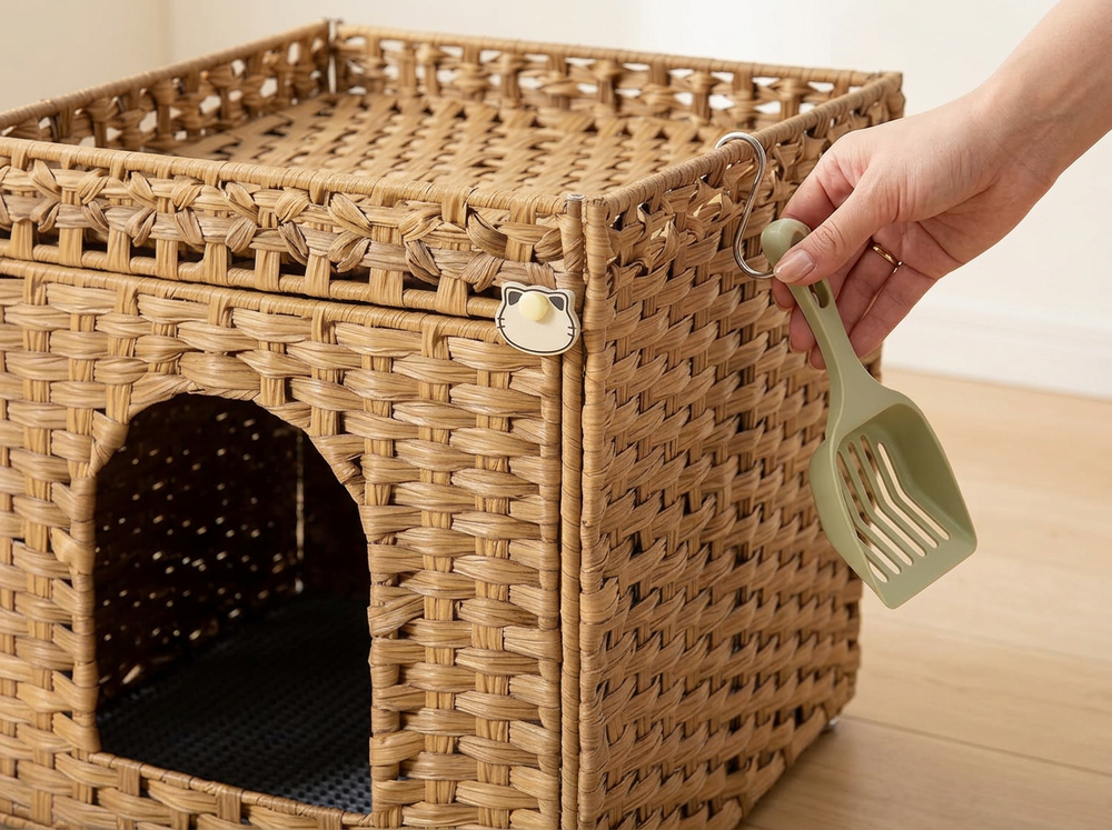 Owner removing green litter scoop from side of rattan cat litter box enclosure