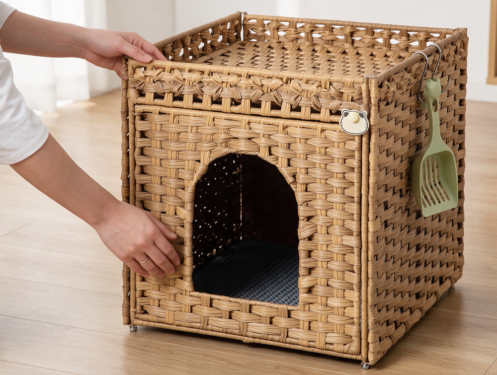 Litter tray being placed inside handwoven rattan cat litter box enclosure