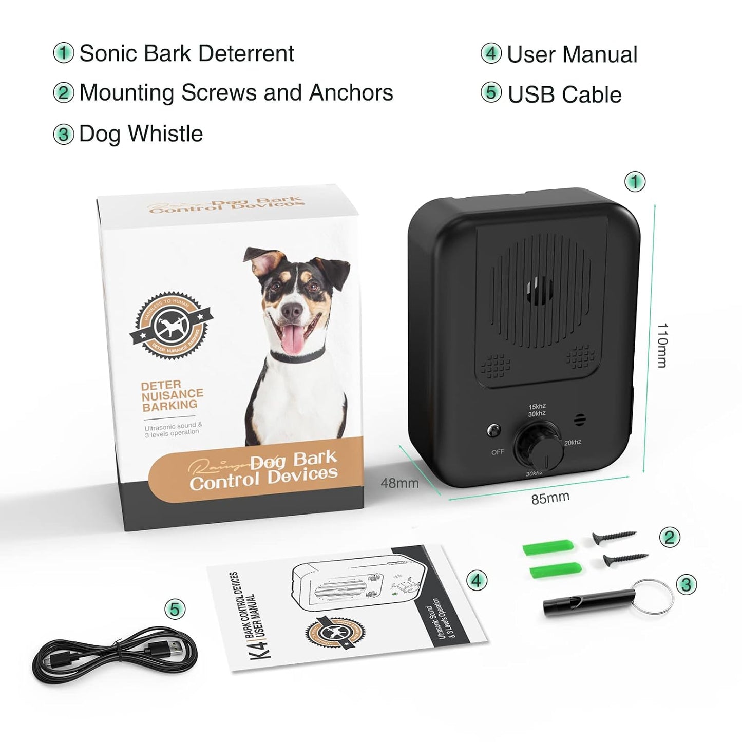 Long-range dog bark deterrent box with ultrasonic coverage up to 30 feet