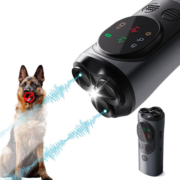 Long-range ultrasonic dog bark deterrent designed for operation up to 50 feet