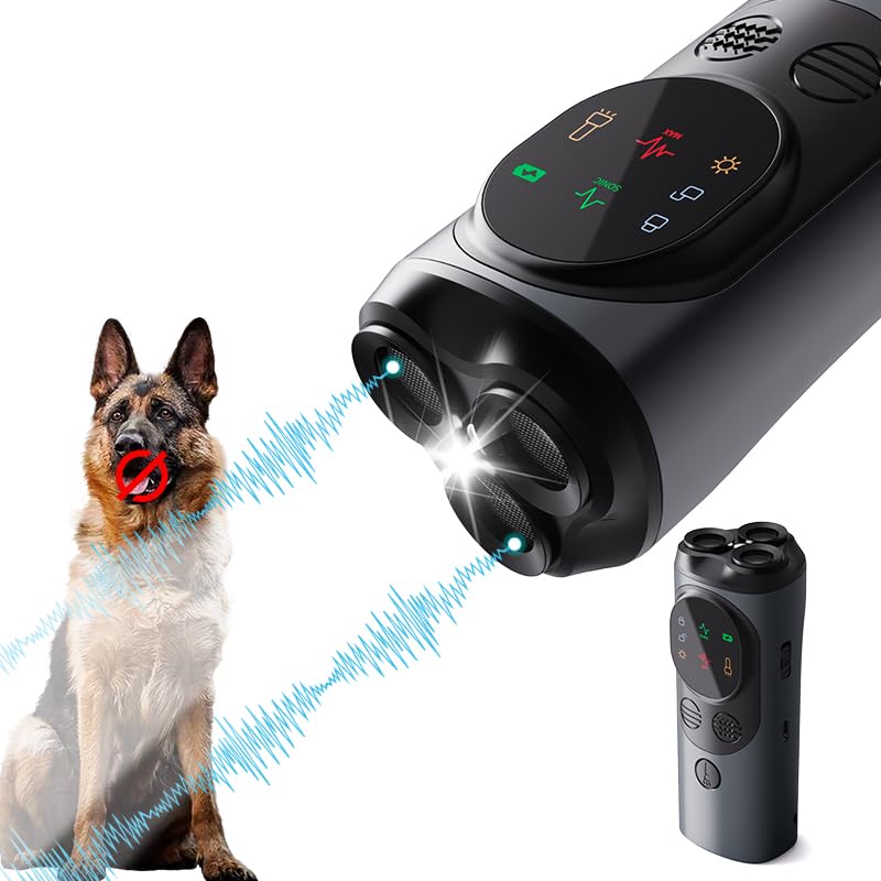 Long-range ultrasonic dog bark deterrent designed for operation up to 50 feet