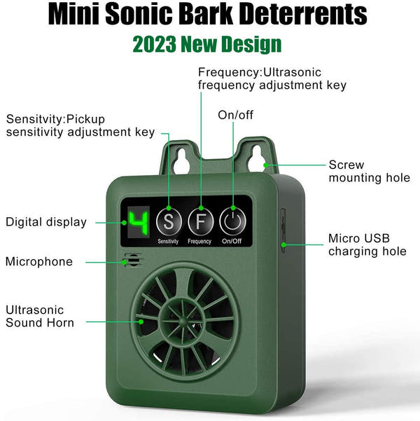Ultrasonic dog bark deterrent device with up to 50 feet operating range