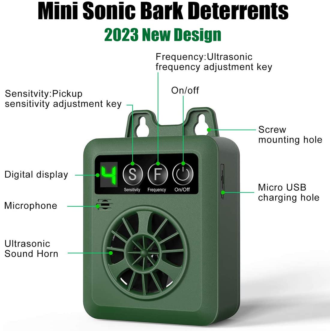 Ultrasonic dog bark deterrent device with up to 50 feet operating range