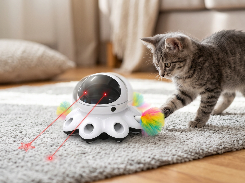 USB rechargeable 2-in-1 interactive cat toy.
