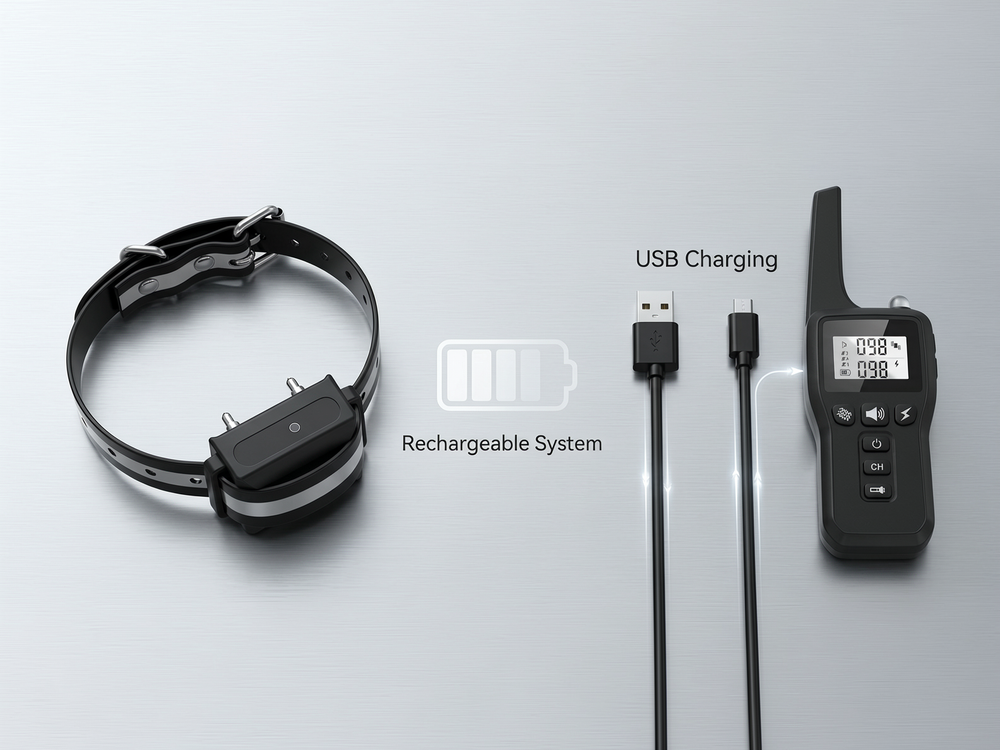 Rechargeable dog training collar and LCD remote shown with USB charging accessories.