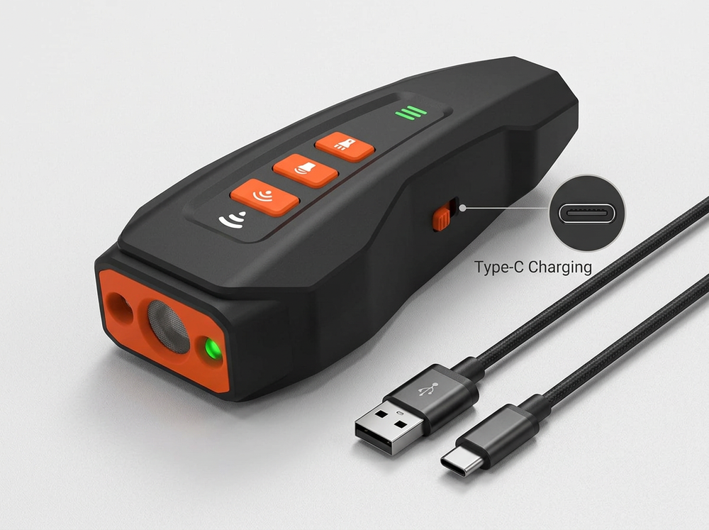 Black and orange rechargeable ultrasonic dog trainer shown with Type-C USB charging cable.