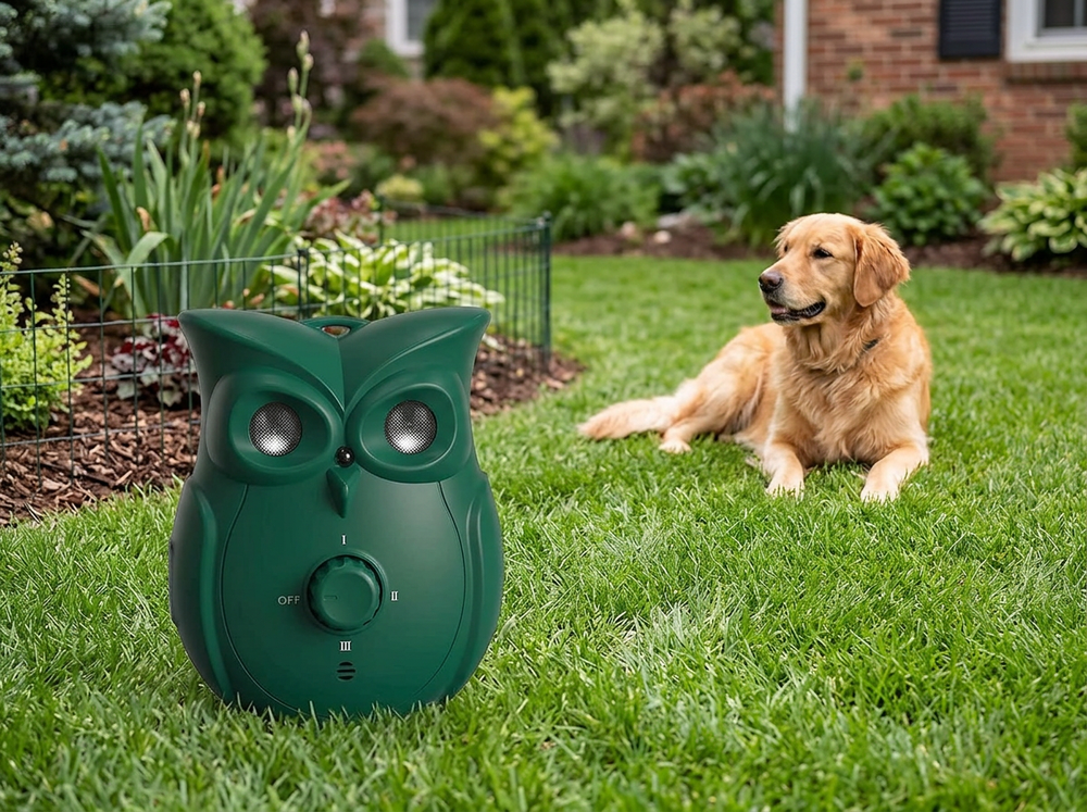 Micro USB cable connecting to the side charging port of a green owl-shaped ultrasonic dog bark device