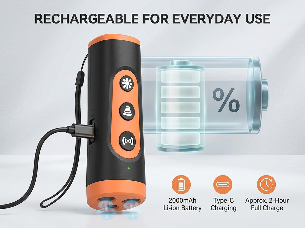 Black and orange ultrasonic dog bark deterrent charging through its Type-C charging port.