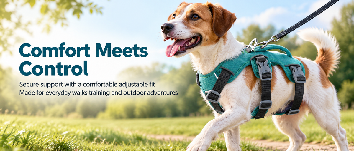 Medium dog wearing an adjustable reflective vest style harness for walking and outdoor activities