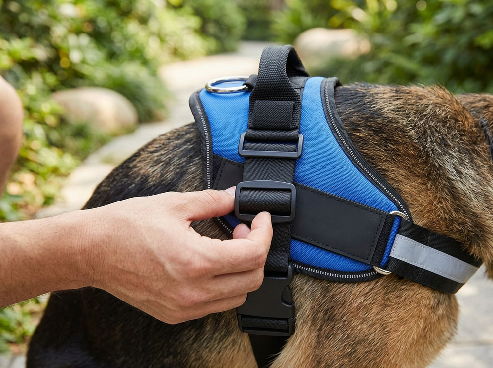 Reflective chest strap detail on blue and black dog walking harness