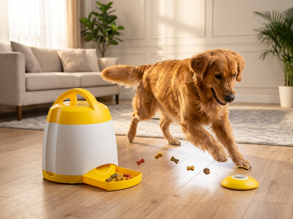 Remote controlled dog treat dispenser training toy.
