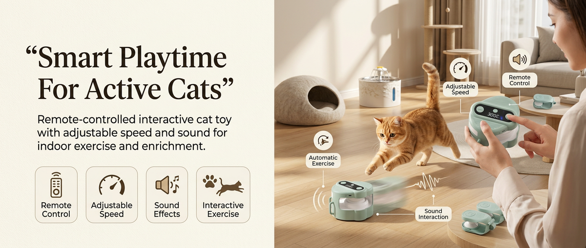 Electronic cat toy with remote control and adjustable speed for indoor cats.