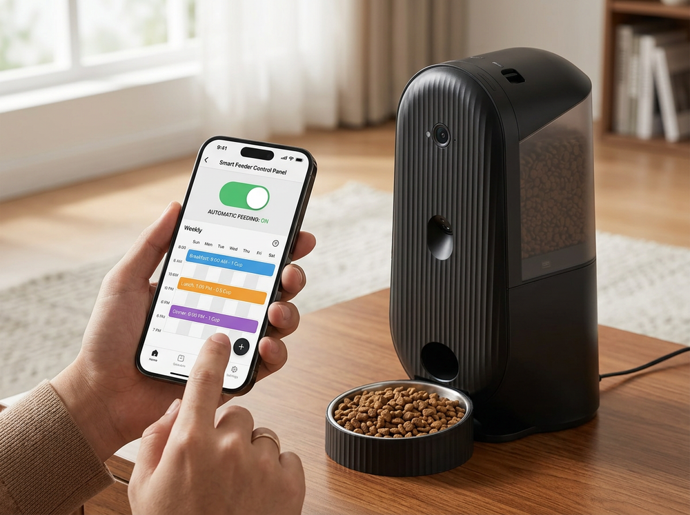 Owner monitoring pets with smart feeder camera