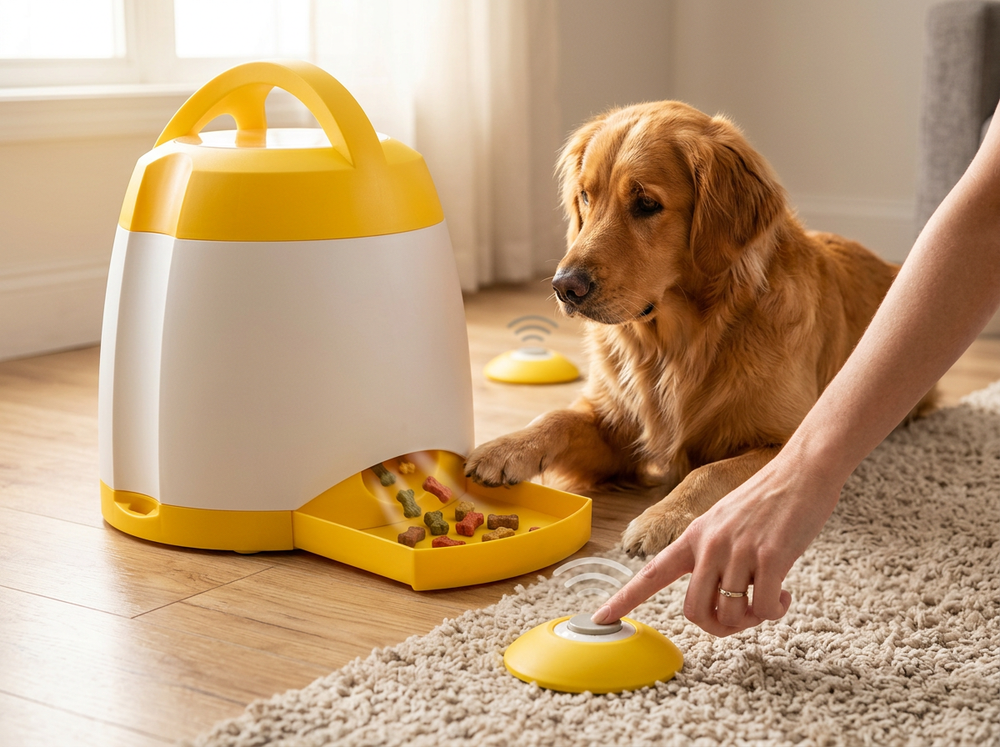 Owner using remote button for dog treat reward training.