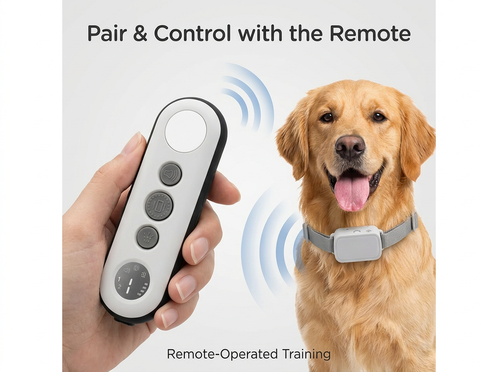 Owner using a handheld remote to operate a white dog training collar during supervised training.