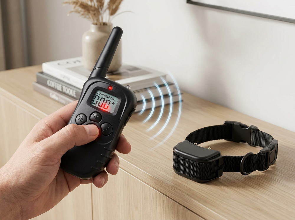
LCD remote controller connecting with a dog training collar receiver before training.