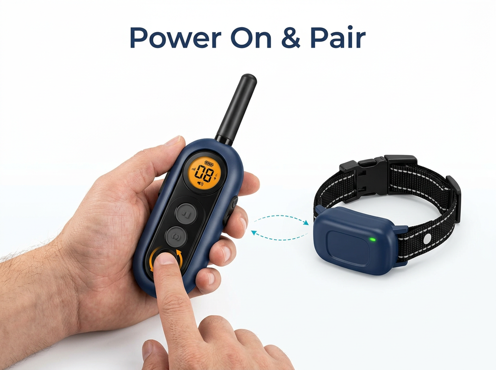 
Navy blue remote dog training controller paired with its matching collar receiver
