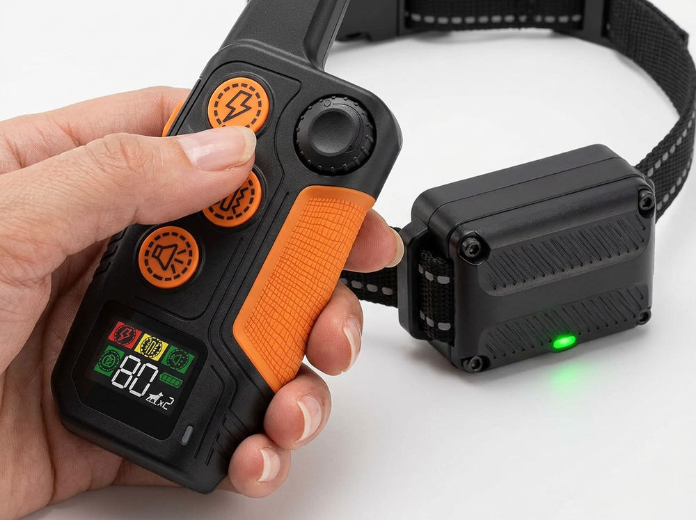 Handheld dog training remote and receiver being powered on before a training session.
